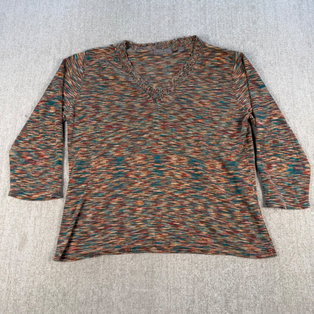 Kate Hill Knit Top Women XL Multi-Color Silk Cotton Space Dye Crochet V-Neck